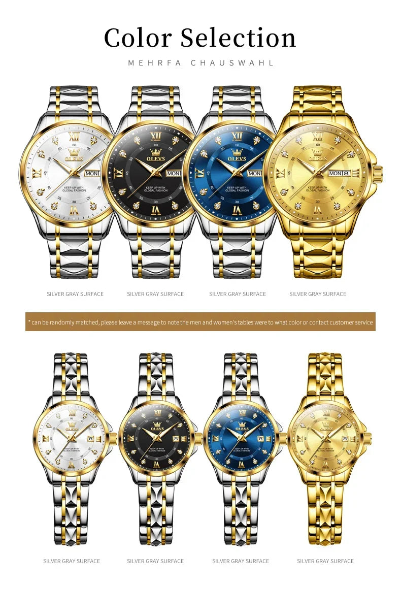 OLEVS 2906 Fashion Date Quartz Couple Watches Top Luxury Watch Men Women Waterproof Stainless Steel Wristwatch