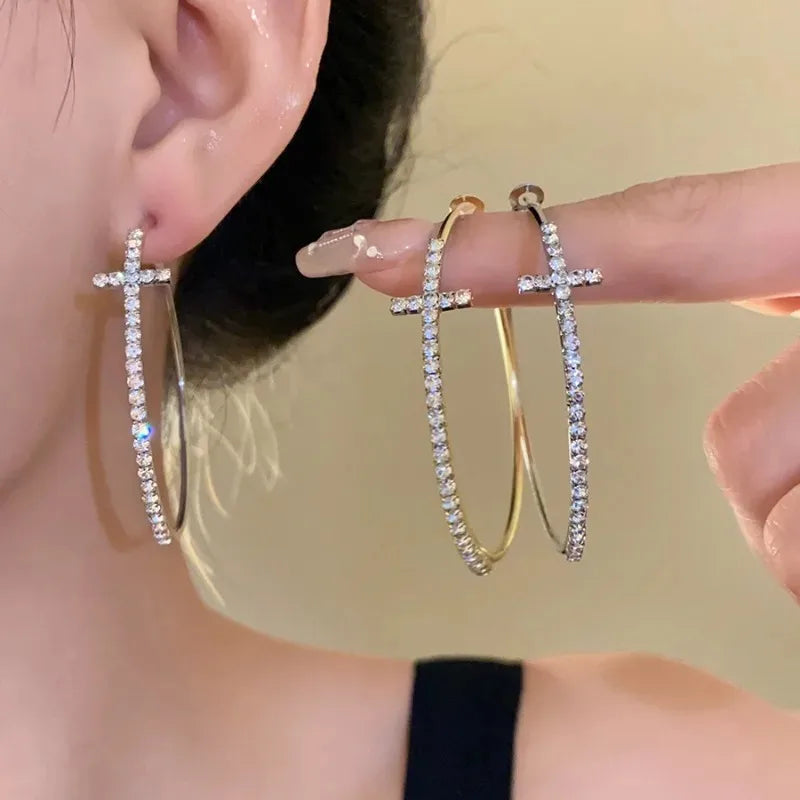 Shiny Big Circle Hoop Earrings for Women Exquisite Rhinestones Ear Buckles Earrings High-end Geometric Ear Rings Jewelry