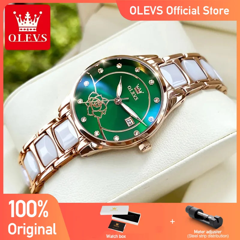 OLEVS Luxury Women Watch Camellia Quartz Japan Movement 30M Waterproof Watch For Women Ceramics Women Wristwatch