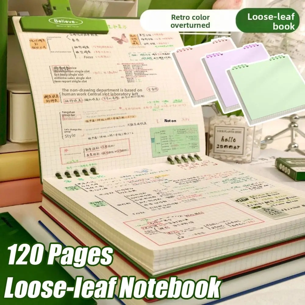 Multifunctional 120 Pages Loose-leaf Notebook Flip Up Color Notepad Grid Inner Pages Detachable Diary Book Students