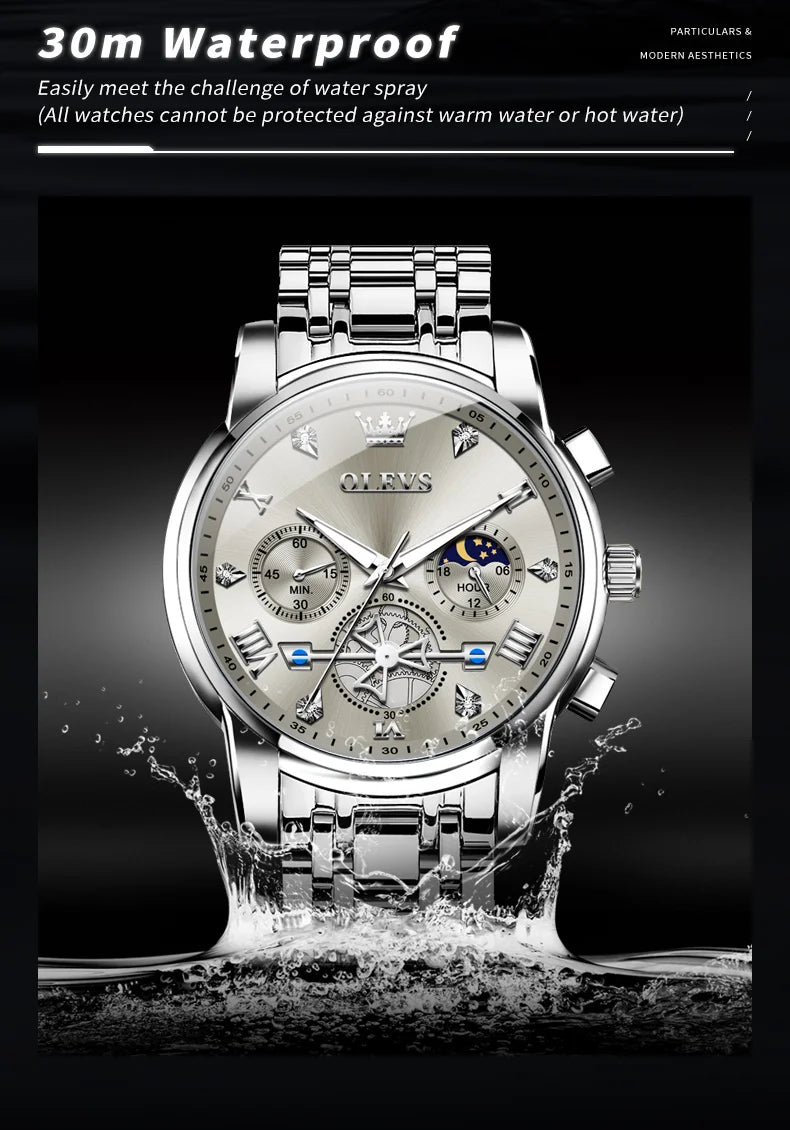 OLEVS Men's Watches Classic Multifunctional Flywheel Design Stainless steel Waterproof Moon Phase Men's Wristwatches 2024 Trend