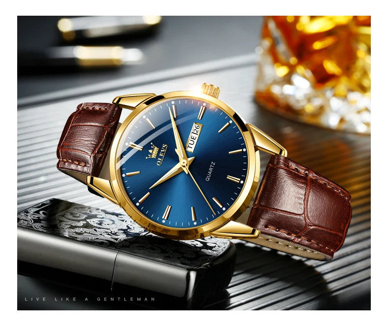 OLEVS 6898 Waterproof Sports Mens Wristwatches Luxury Shock-resistant Calendar Genuine Luminous Quartz Leather Watch for Men
