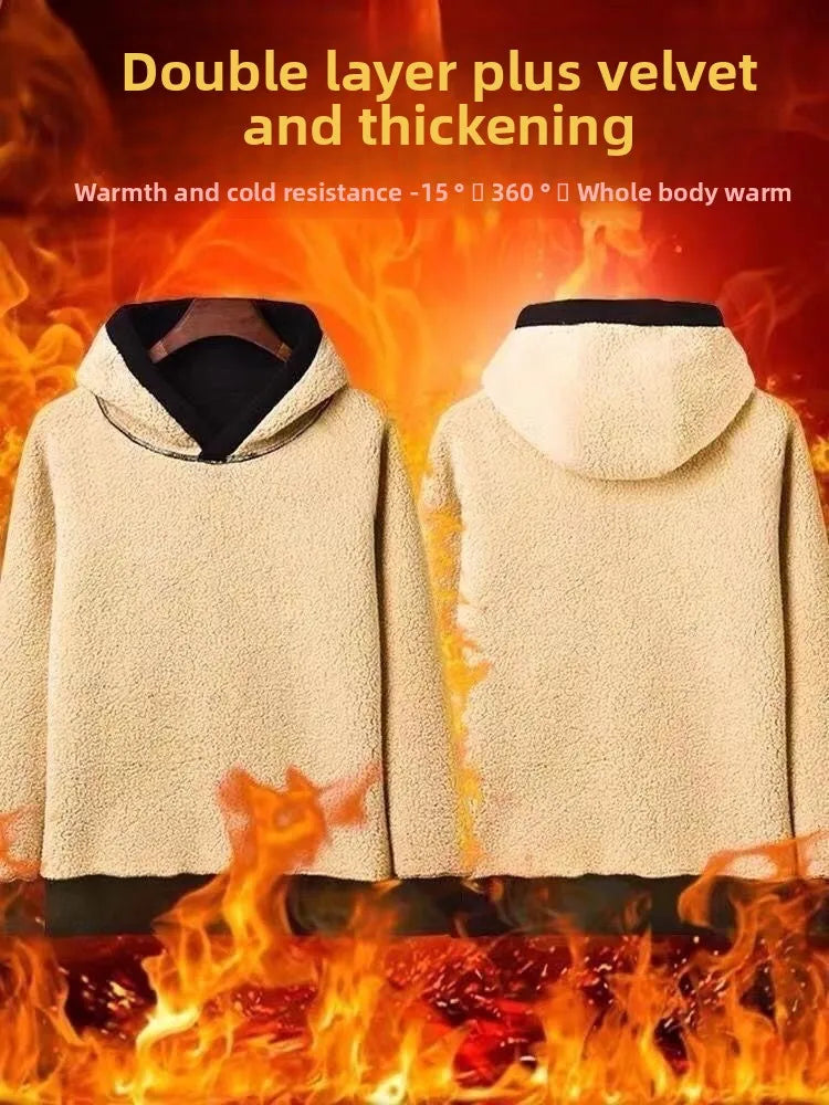 Thickened Lamb Velvet Hooded Cardigan Pure Color Oversize Sweatshirt Men Women Korean Style Winter Warm Casual Outerwear