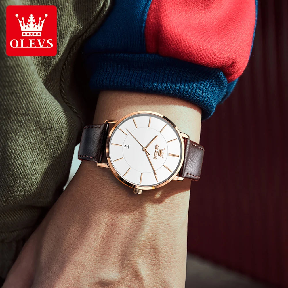 OLEVS 5869 Men's Watches Leather Strap Waterproof Auto Date Man Watch Fashion Simplicity Ultra Thin Quartz Wrist Watch for Men