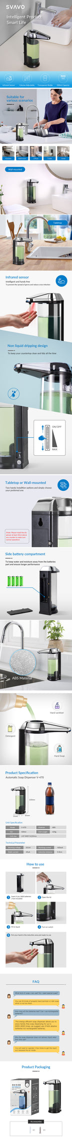 SVAVO Automatic Soap Dispenser Compact Sensor Pump Adjustable Soap Dispensing Volume Control Battery Operated 500Ml For Kitchen