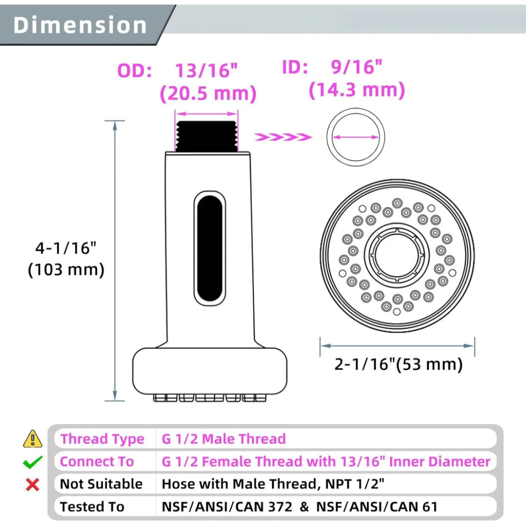 Pull Down Faucet Replacement Head 2 Function Mode Kitchen Faucet Pull Out Sprayer Head G1/2 for Kitchen Tap Sprayer Replacement