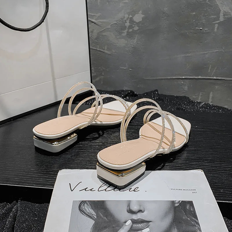 crystal narrow band sandalias mujer low heel clear slippers women rhinestone strap flip flops shiny party shoes big size 43