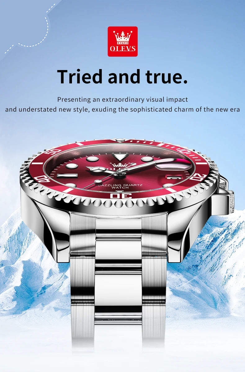 OLEVS 5885 Luxury Men Watch Diving Series Deep Waterproof Auto Date Stainless Steel NEW Red Dial Original Wristwatch