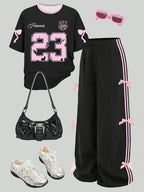 Kids Girls 2-Piece Casual Outfit, Black Pink Number 23 Bow Print Short Sleeve T-Shirt & Side Stripe Bow Decor Wide Leg Pants Set