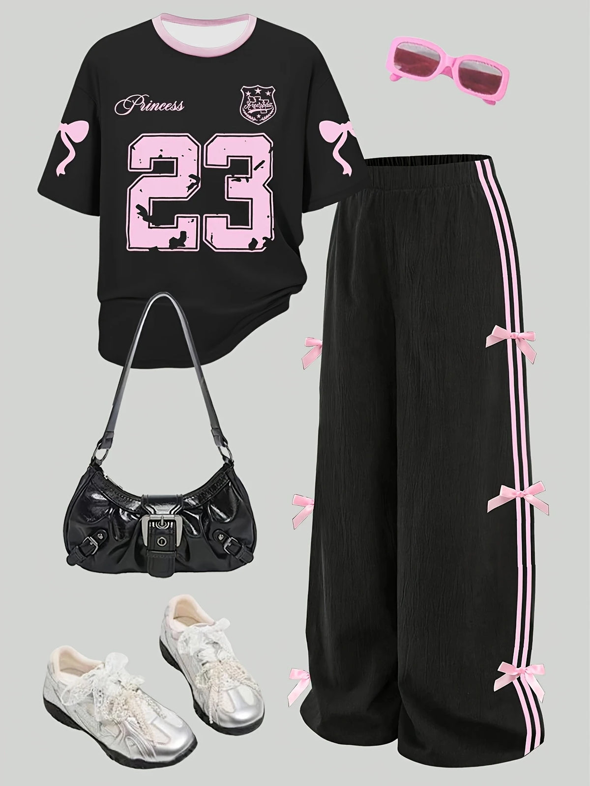 Kids Girls 2-Piece Casual Outfit, Black Pink Number 23 Bow Print Short Sleeve T-Shirt & Side Stripe Bow Decor Wide Leg Pants Set
