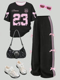 Kids Girls 2-Piece Casual Outfit, Black Pink Number 23 Bow Print Short Sleeve T-Shirt & Side Stripe Bow Decor Wide Leg Pants Set