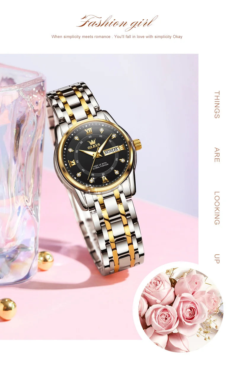 OLEVS 5513 Women's Watches Diamond Dial Dual Calendar Display Stainless steel Ladies Watch