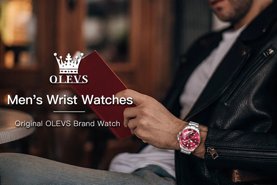 OLEVS 5885 Luxury Men Watch Diving Series Deep Waterproof Auto Date Stainless Steel NEW Red Dial Original Wristwatch