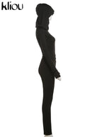 kliou Casual Women 2 Piece Set Classic Tracksuits Solid Long Sleeve Zip-up Hood Tops+Slim Elastic Pants Sporty Concise Outfits