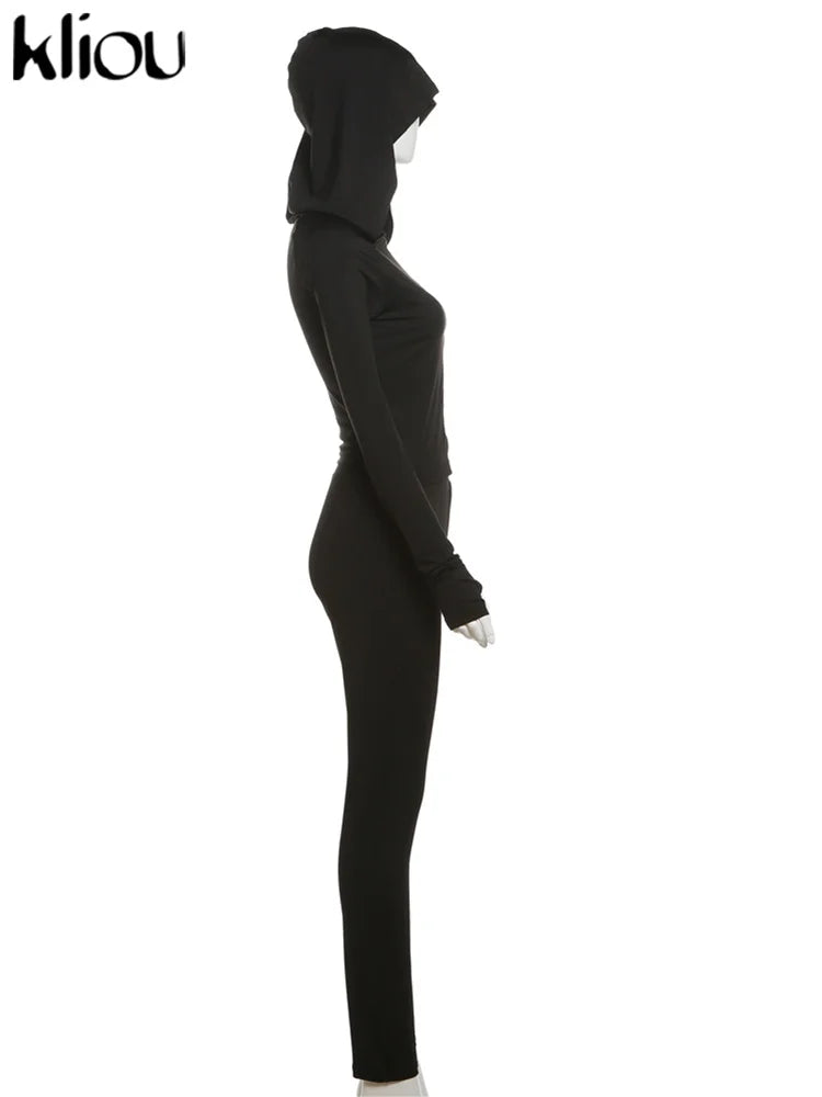 kliou Casual Women 2 Piece Set Classic Tracksuits Solid Long Sleeve Zip-up Hood Tops+Slim Elastic Pants Sporty Concise Outfits