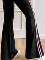 Trendy Girls 1Pcs Y2K Casual Bell Bottoms, Elastic High Waist Dual Pink Side Stripe Slim Flare Leg Pants for Street Campus Daily