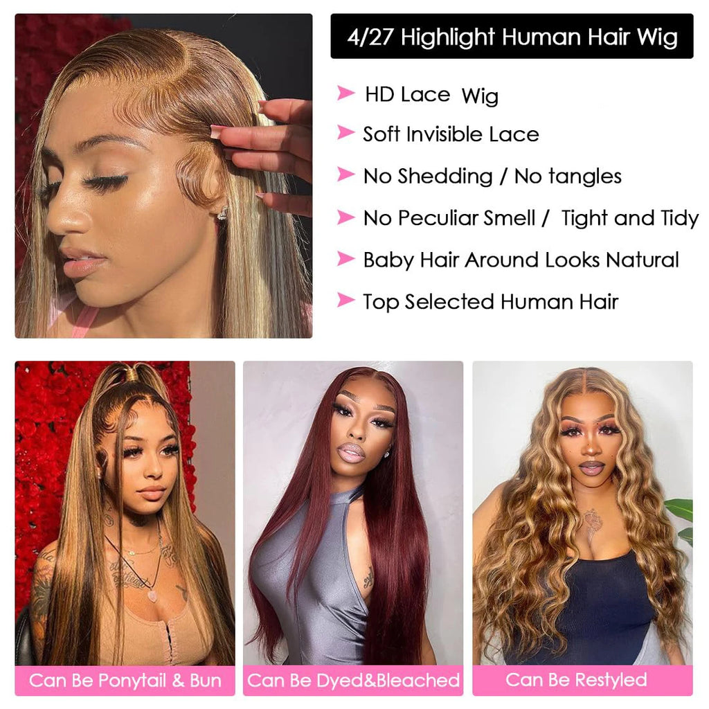 Bone Straight 4/27 Honey Blonde Human Hair 13x4/5x5 HD Transparent Lace Front Wigs Pre Plucked With Baby Hair For Women