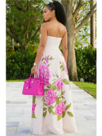 Women Tube Strapless Waist Flowy Maxi Dress With Floral Print For Wedding Guest Resort And Vacation Occasion