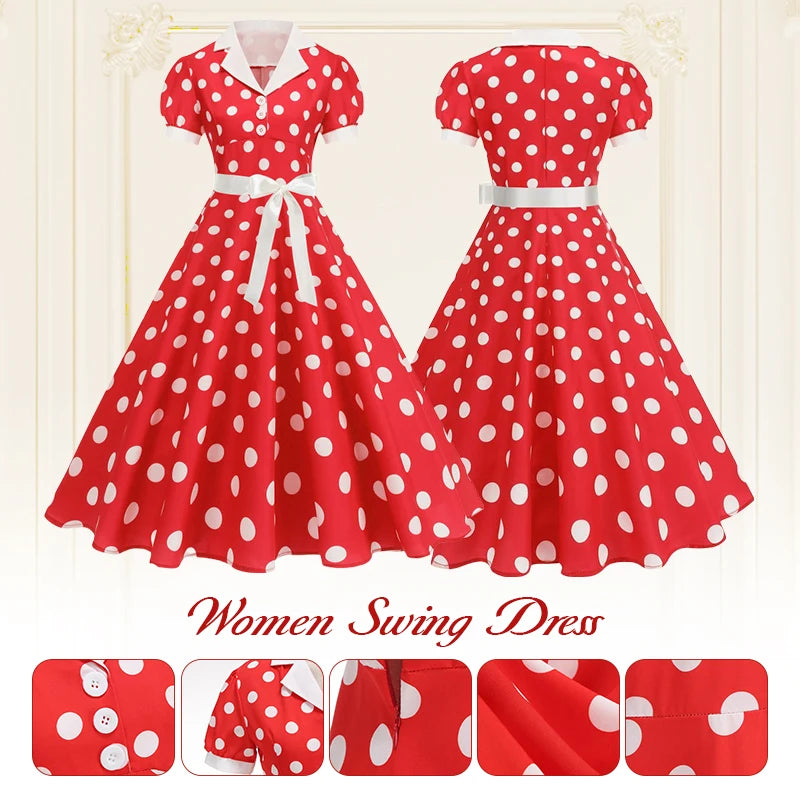 Polka Dot 50s 60s Vintage Dress Women Elegant Belted Robe Women Retro Rockabilly Prom Wedding Party Princess Dress