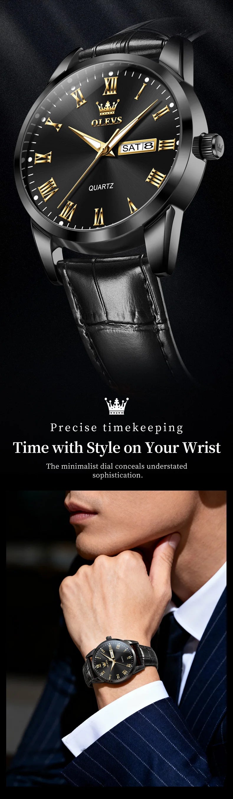 OLEVS 5892 Watches for Men Leather Strap Dual Calendar Roman Scale Simple Elegant Luxury Original Quartz Men's Watches