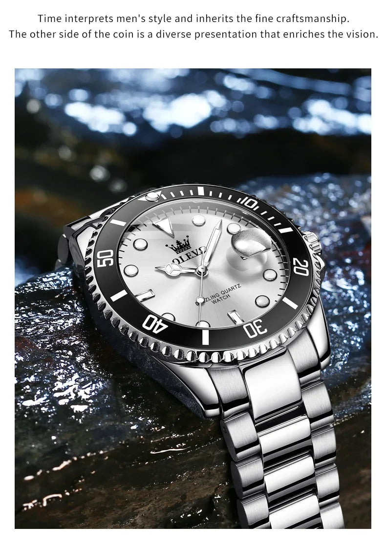 OLEVS 5885 Stainless Steel Calendar Luminous Mens Wristwatch Luxury Stainless Steel Waterproof Quartz Watch for Men Sport Reloj
