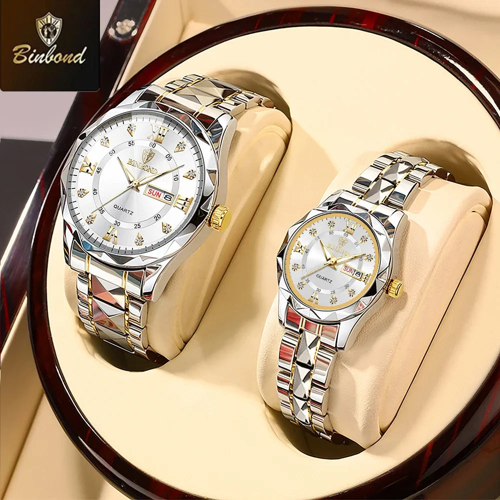 BINBOND 2pcs/Set Couple Watches Fashion Diamond Valentine Day Gift Stainless Steel Watch Men Women 30M Waterproof Quartz Watch
