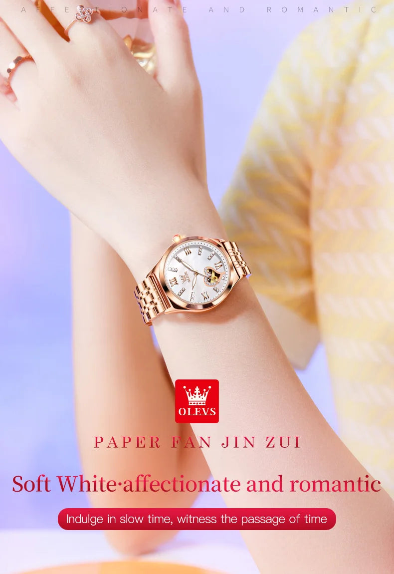 OLEVS Brand 2024 New Fashion Hollow Mechanical Watch for Women Luxury Stainless Steel Strap Waterproof Luminous Womens Watches