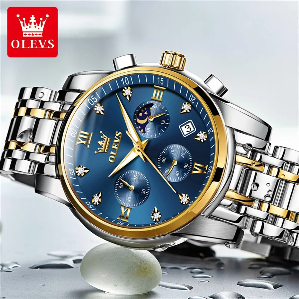 OLEVS 2858 Men's Watches Stainless Steel Waterproof Anti-Scratch Moon Phase Luminous Chronograph Luxury Quartz Men's Wristwatch