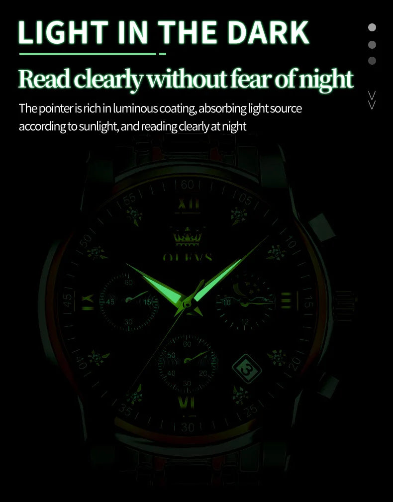 OLEVS 2858 Men's Watches Stainless Steel Waterproof Anti-Scratch Moon Phase Luminous Chronograph Luxury Quartz Men's Wristwatch