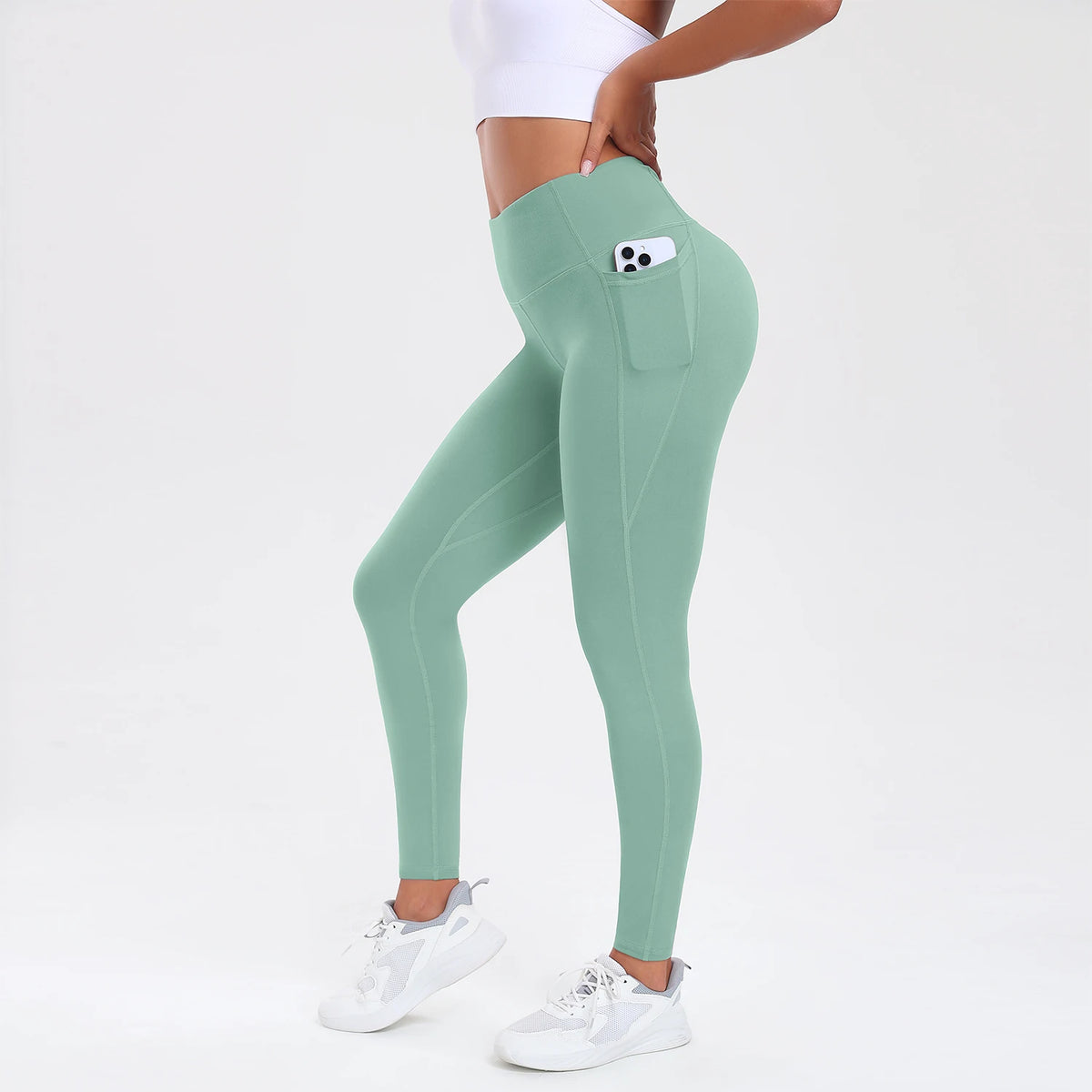  Women Leggings With Pockets Solid Color High Waist Butt Lifting Workout Tights Slim Elastic Pants Casual SportWear