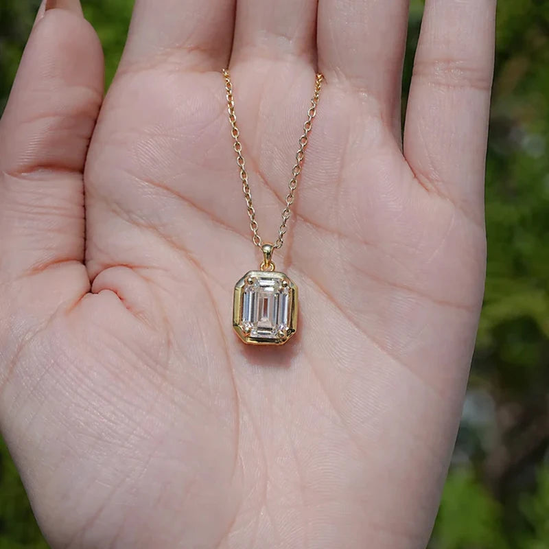 OXTAO Emerald Cut Minimalist Solitaire Pendant Necklace for Women 4CT Moissanite Charm Necklace Wedding Jewelry 14K Gold Filled