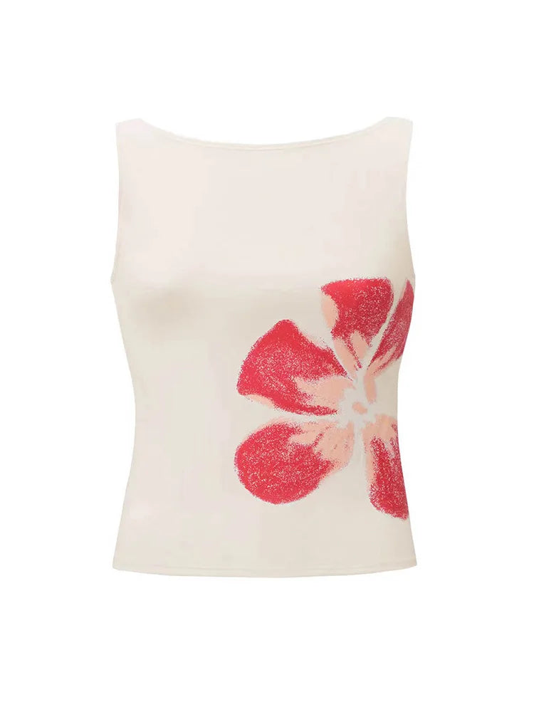 Women's Flower Print Crop Tank Top Fitted Boat Neck Sleeveless Summer Top for Party Club 2025 New Fashion