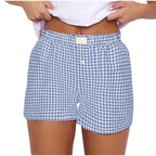 Youthful Summer Women's Casual Plaid Shorts Teenage Girls Elastic Waistband Lace-Up Classic Versatile Fashionable Summer Shorts