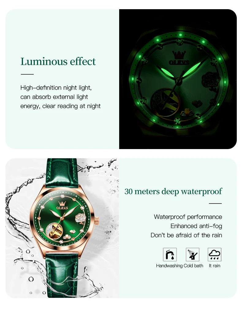 OLEVS 6601 Green Leather Strap Women Watch Automatic Mechanical Movement Waterproof Diamond Fashion Watch
