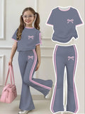 Trendy Girls 2Pcs Sweet Co-Ord Outfit, Grey Pink Ribbon Embroidery Short Sleeve Top, Dual Side Strip Flared Trousers for Daily K