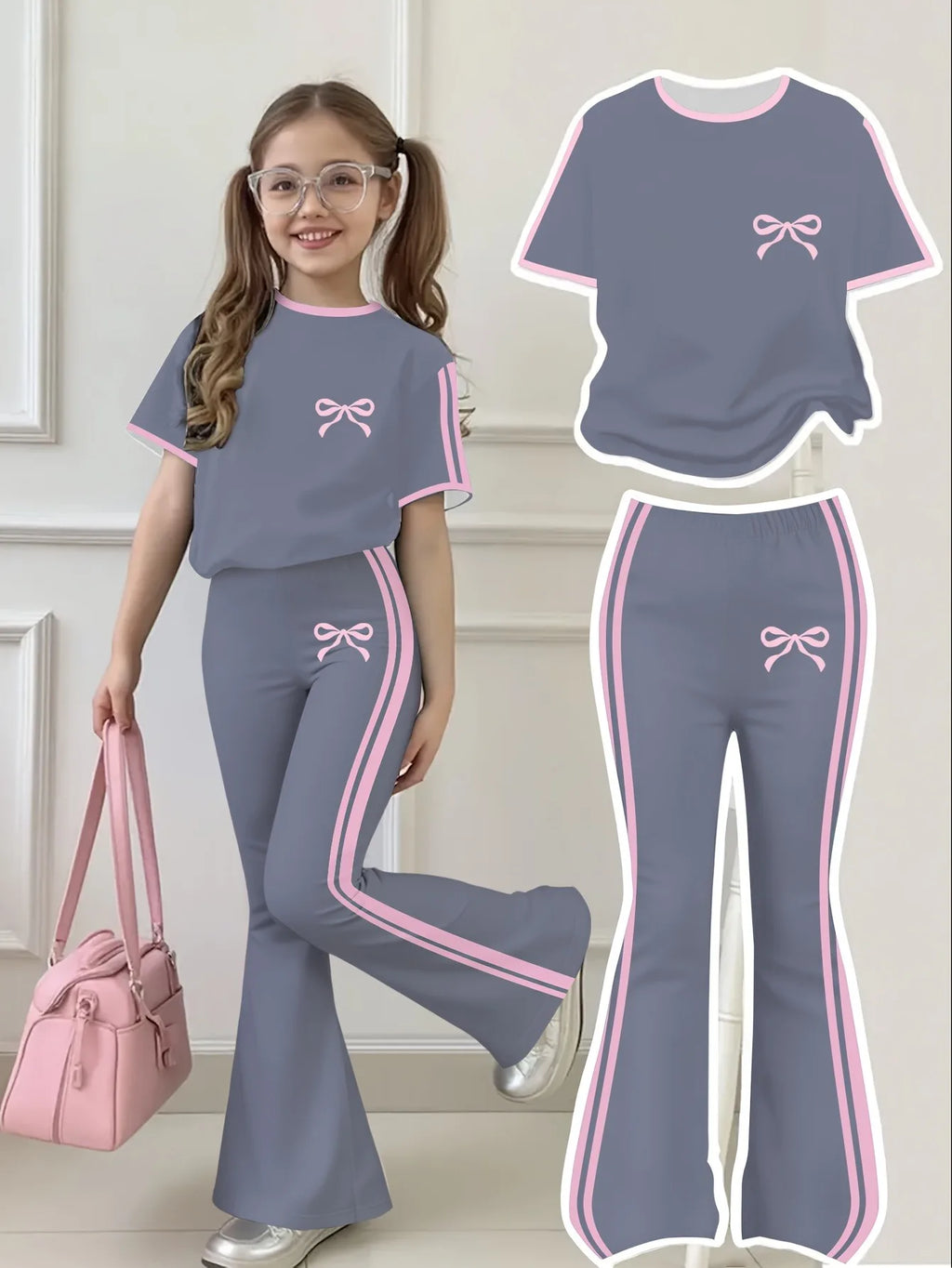 Trendy Girls 2Pcs Sweet Co-Ord Outfit, Grey Pink Ribbon Embroidery Short Sleeve Top, Dual Side Strip Flared Trousers for Daily K