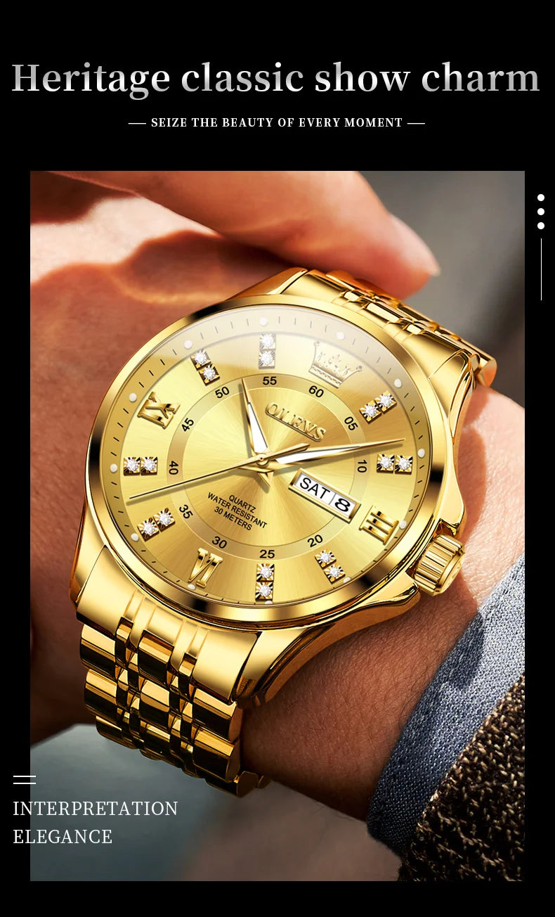 OLEVS Brand Watch Steel Band Stereo Dial Double Calendar Quartz Watch Waterproof Men's Watch 3620