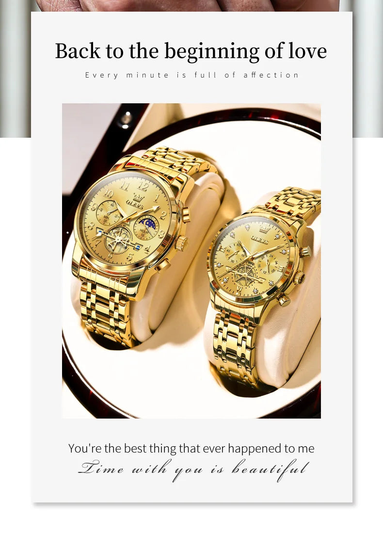 OLEVS Brand 2025 New Luxury Tourbillon Couple Quartz Watch Stainless Steel Waterproof Luminous Fashion Moon Phase Watches Lovers