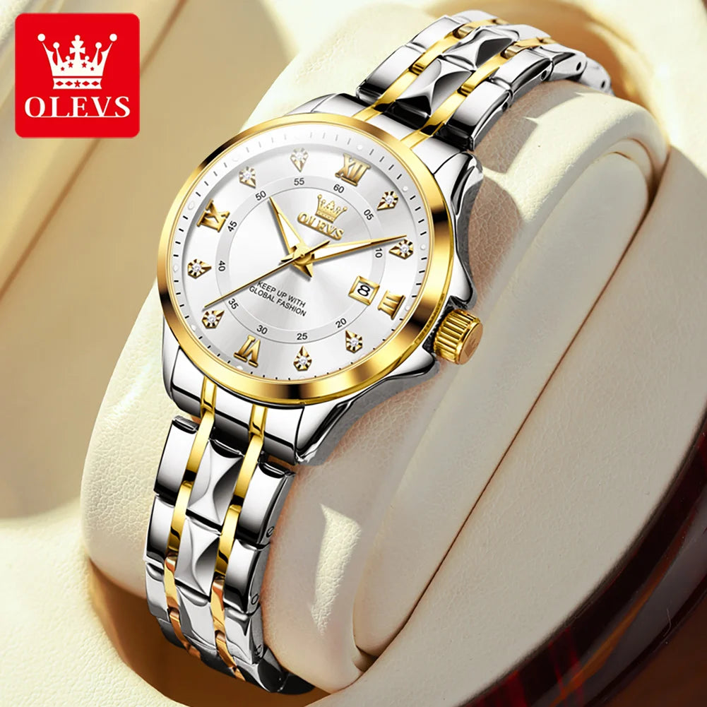 OLEVS 2906 Couple Watch Pair Luxury Diamond Shaped Steel Strap Calendar Week Quartz Wristwatch Men Women Luxury Lovers Watches