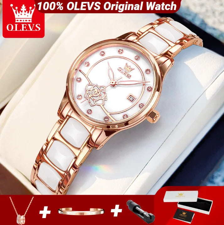 OLEVS Quartz Watch Women Japan Movement Waterproof Stainless Steel Ceramics Women Wristwatch Luxury Ladies watch Set Hot