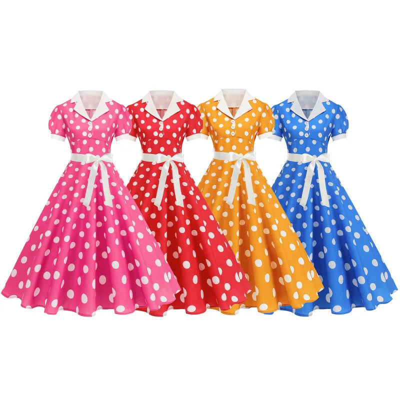 Polka Dot 50s 60s Vintage Dress Women Elegant Belted Robe Women Retro Rockabilly Prom Wedding Party Princess Dress