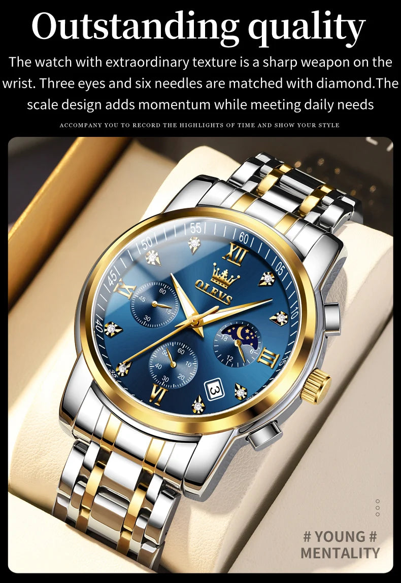 OLEVS 2858 Men's Watches Stainless Steel Waterproof Anti-Scratch Moon Phase Luminous Chronograph Luxury Quartz Men's Wristwatch