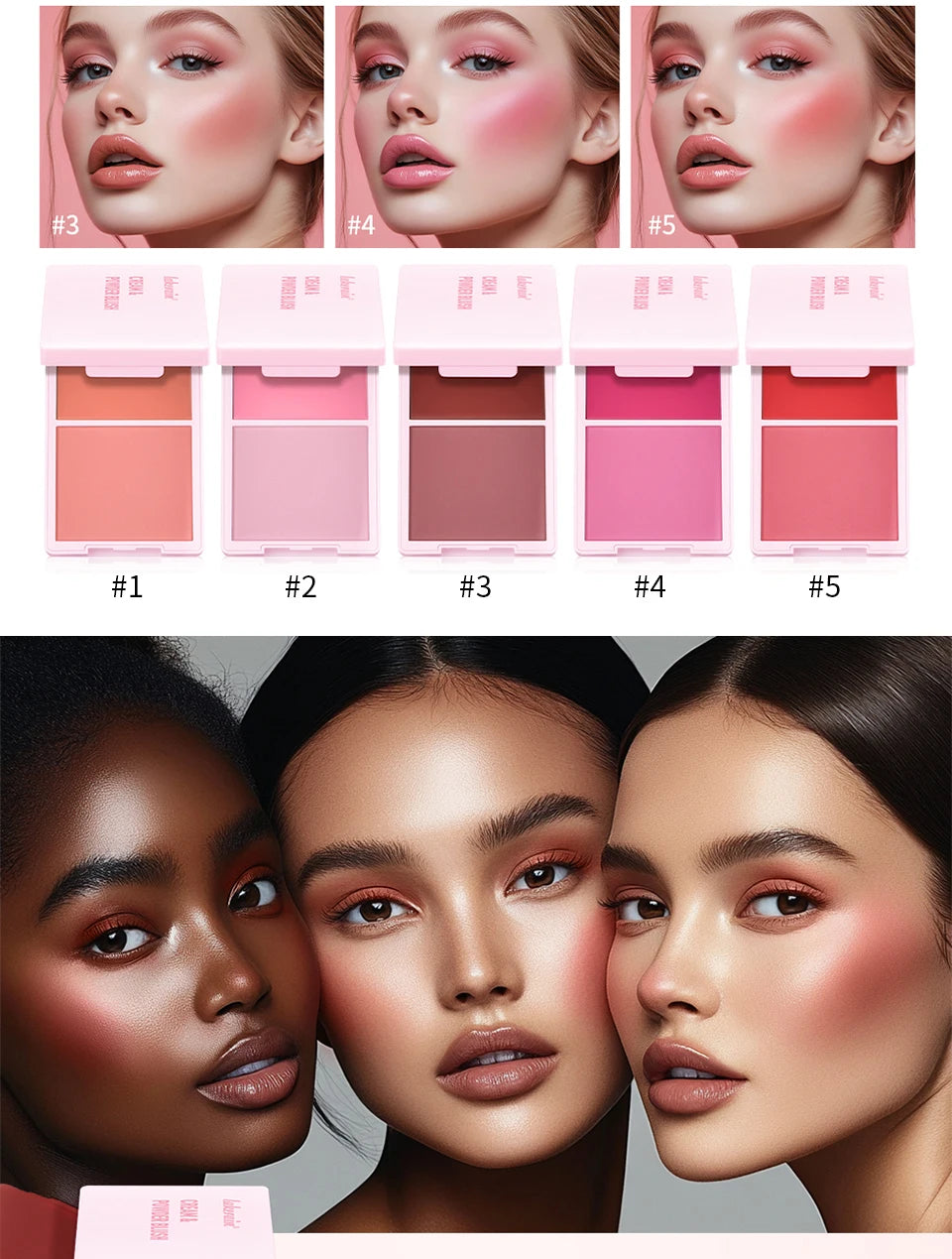 2IN1 Pink Blush Matte Dewy Rosy Blush With Brush Makeup Pan Long Wearing High Pigment Orange Red Cream & Powder Blush Palette