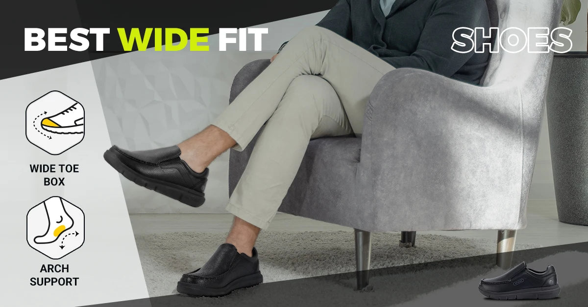 FitVille Men Wide Fit Leather Slip On Casual Loafers, Lightweight Arch Support Walking Shoes, Orthopedic Pain Relief Shoes for Swollen Feet & High Instep