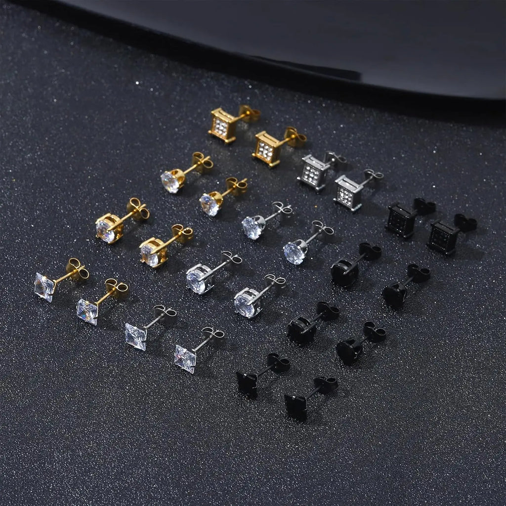 12 Pairs Stainless Steel Stud Earrings for Men Hypoallergenic Earring Unisex Studs Inlaid Cubic Zirconia Men Earrings Hoop