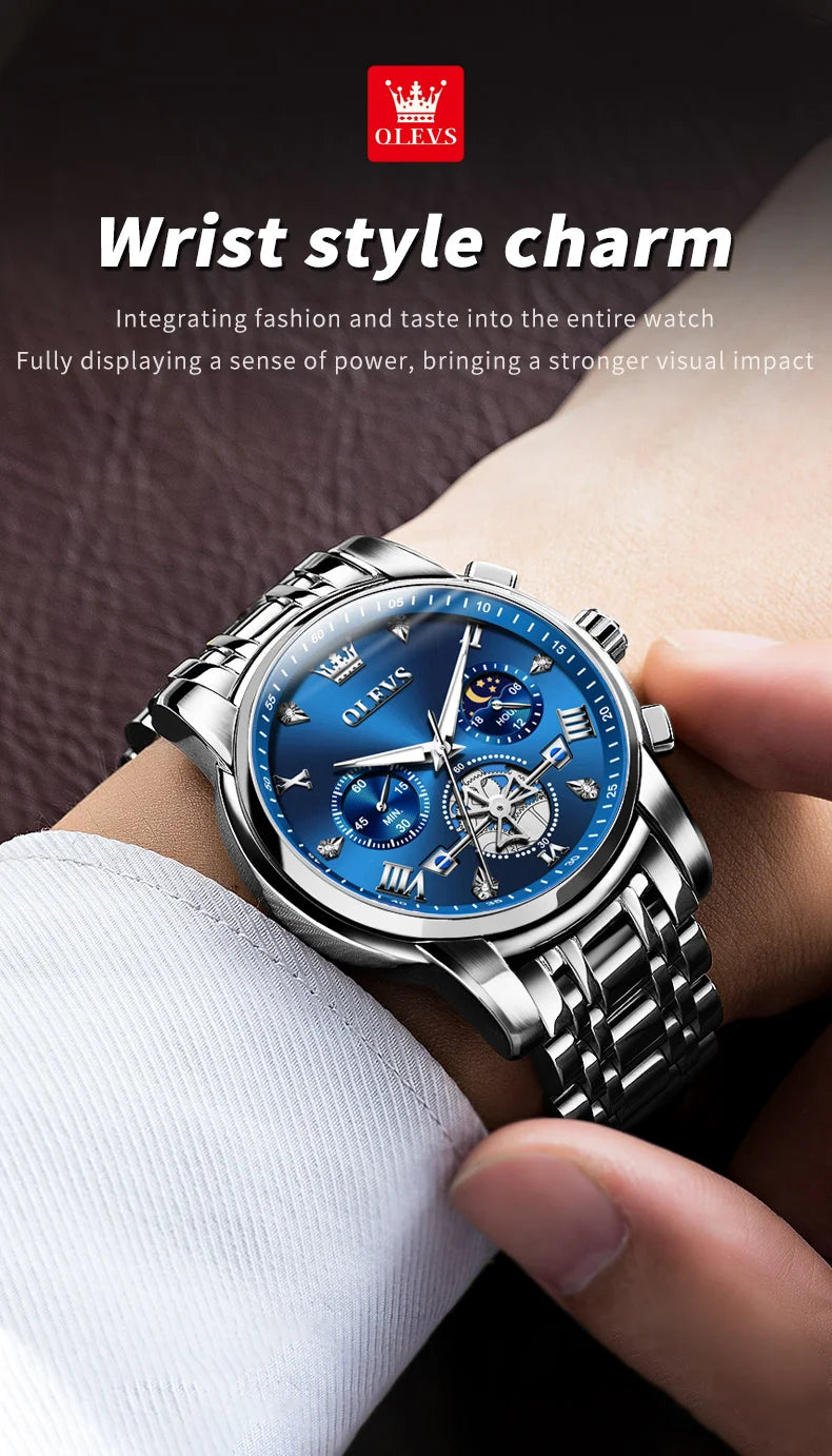 OLEVS Men's Watches Classic Multifunctional Flywheel Design Stainless steel Waterproof Moon Phase Men's Wristwatches 2024 Trend
