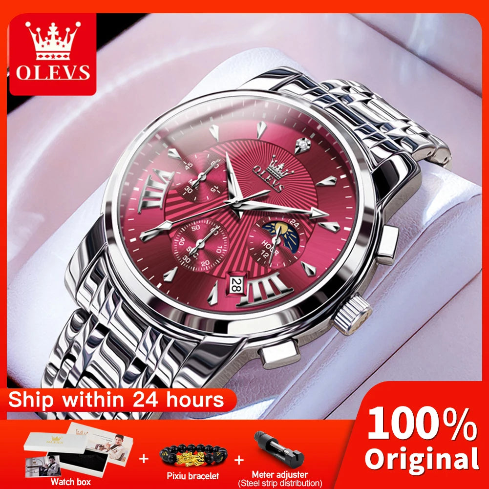 OLEVS 2892 Mens Watch Original Business Quartz Watch Moon Phase Multifunctional Chronograph Watches For Men With Box Reloj New
