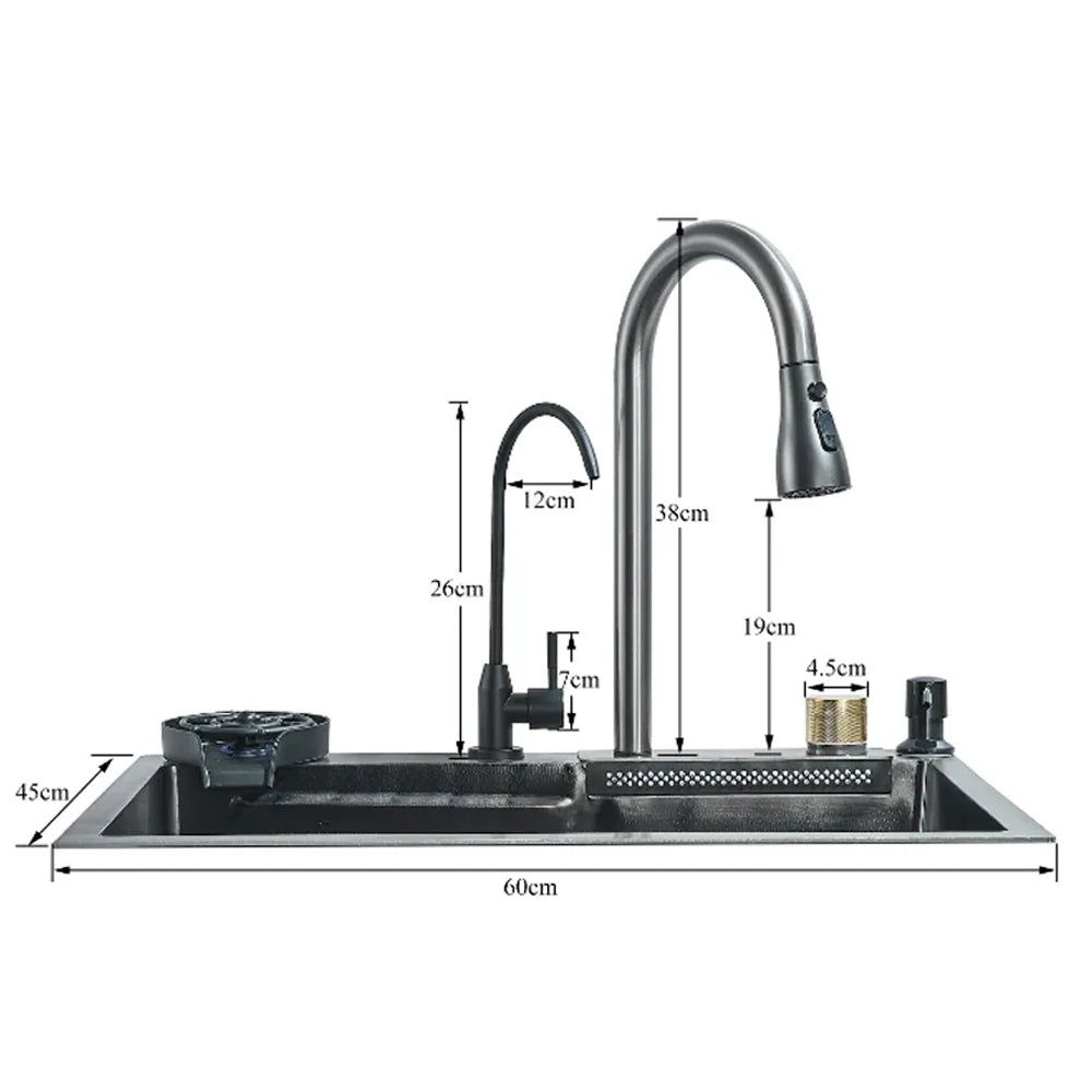 304 Stainless Steel Waterfall Kitchen Sink Large Single Slot Integrated Faucet Set Soap Dispenser/Pure Water/Cup Washer