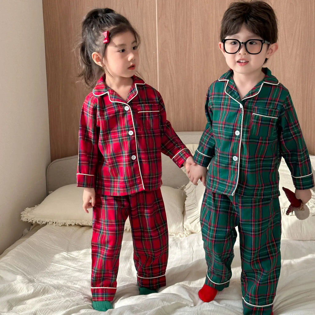 Merry Christmas Kids Pure Cotton Pajamas Set Plaid Print Turn-down Collar Button Shirt Trousers 2 Pieces Suit Homewear Xmas Look
