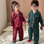 Merry Christmas Kids Pure Cotton Pajamas Set Plaid Print Turn-down Collar Button Shirt Trousers 2 Pieces Suit Homewear Xmas Look